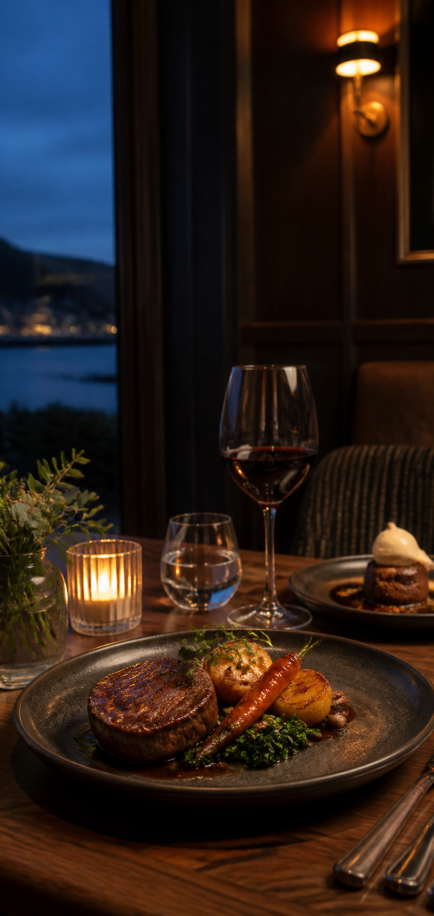 Elegant bistro table with warm dinner lighting